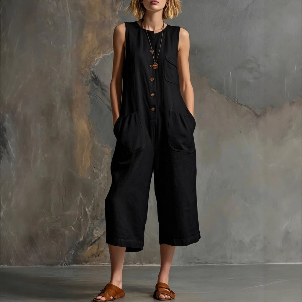 Women's Retro Sleeveless Button-Down Wide-Leg Cropped Jumpsuit - Image 5