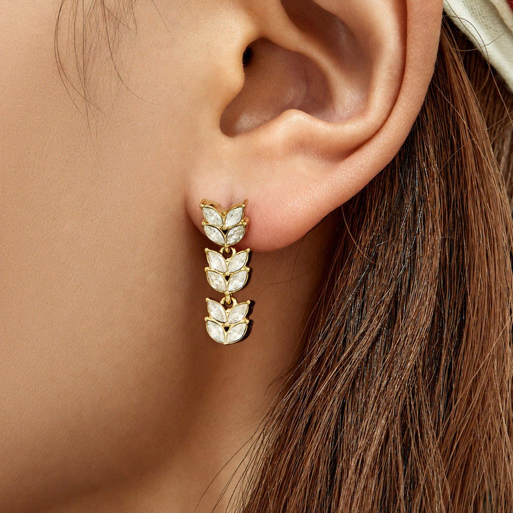 Long Wheat Shape Zircon Earrings PVD Gold Plated Titanium Steel Fashion Women Ear Jewelry For Banquet Daily Party Occasions