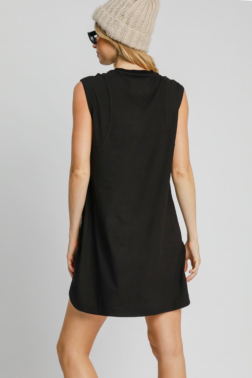 Minimalist Black Sleeveless High-Low Mini Dress with Curved Hem