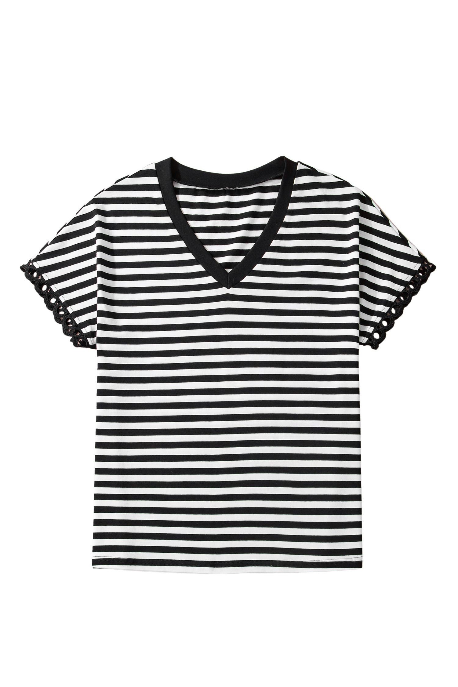 Stripe V-Neck Lace Trim Short Sleeve Tee