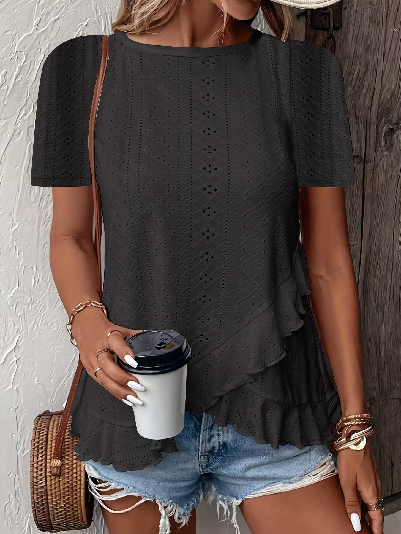 Women’s Casual Short Sleeve Crew Neck Ruffle Hem Top