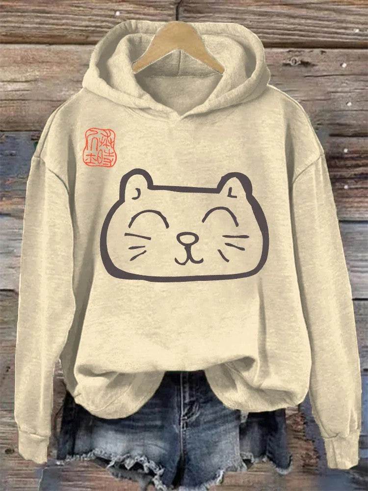 Women's Casual Graphic Hoodie Beige Cat Print Pullover Sweatshirt - Image 2