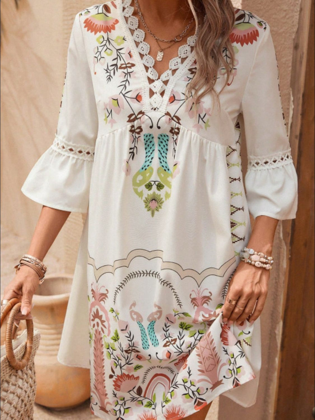 Feminine Lace Detail Printed Midi Dress for Summer
