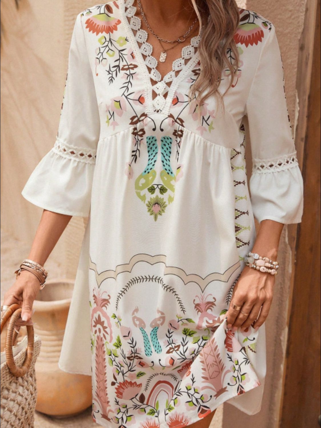 Feminine Lace Detail Printed Midi Dress for Summer