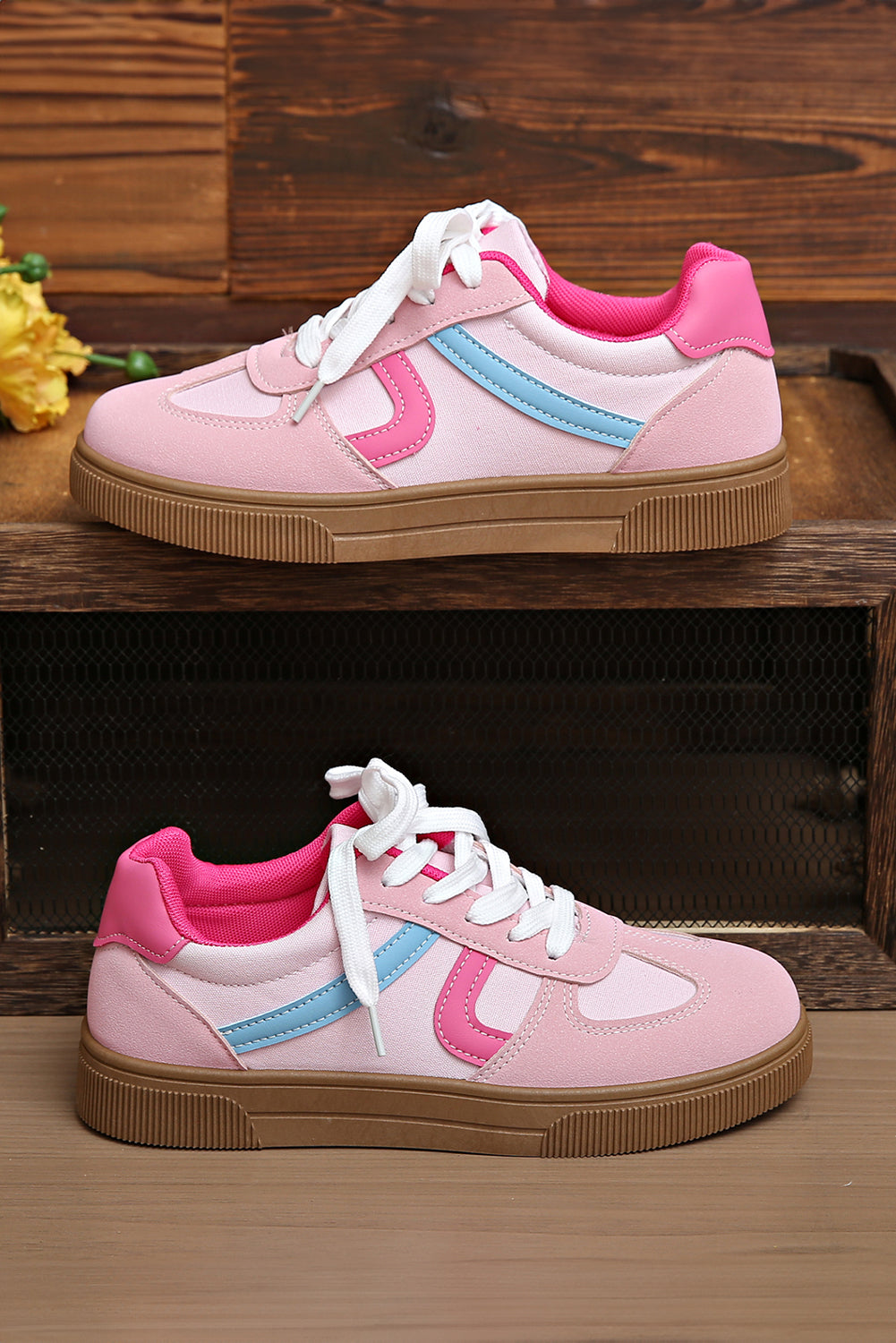 Pink Striped Patchwork Lace Up Sneakers | PU Leather