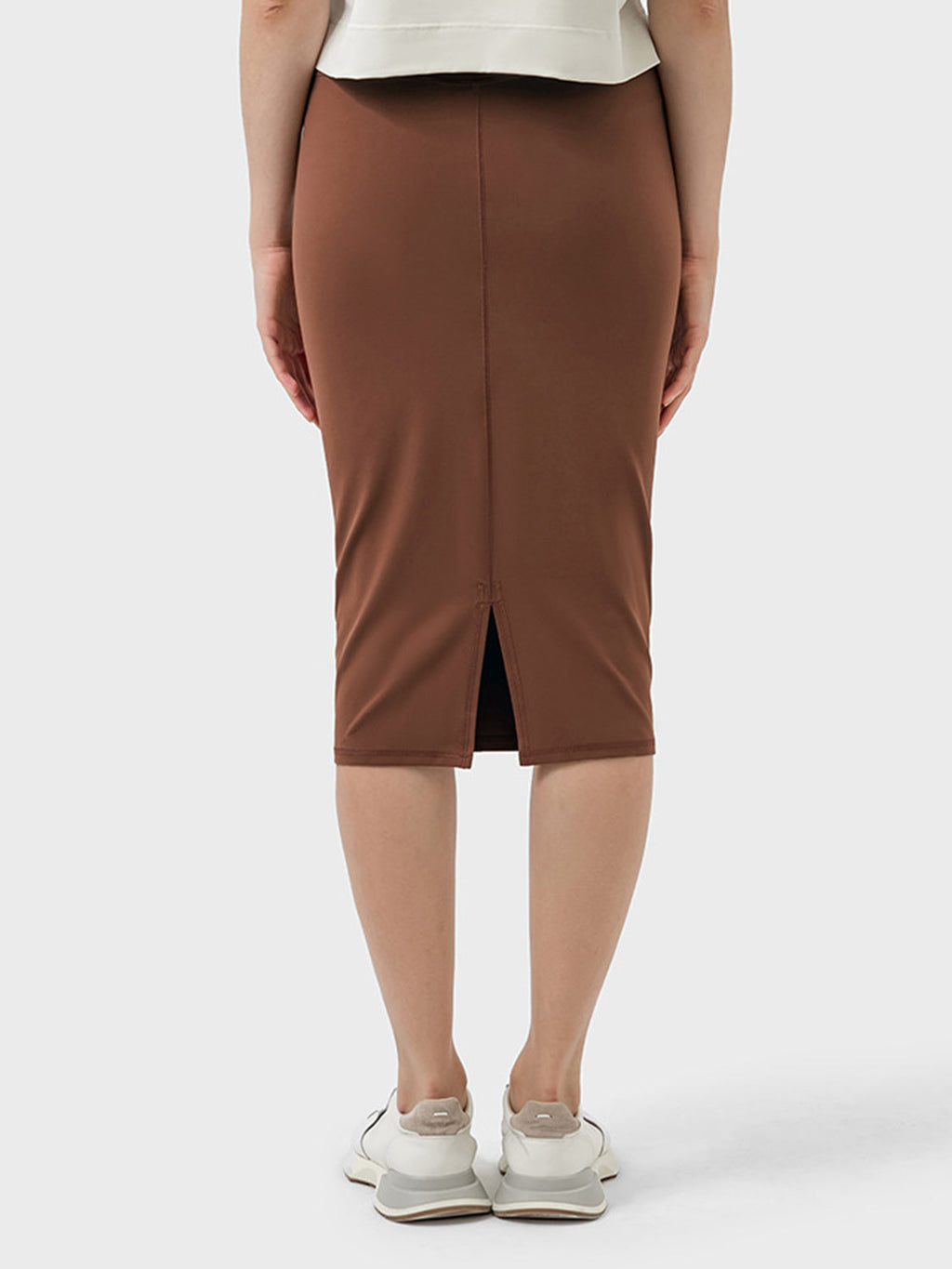Brown Slit Wrap Active Skirt Stretchy Midi Athletic Skirt - Image 3