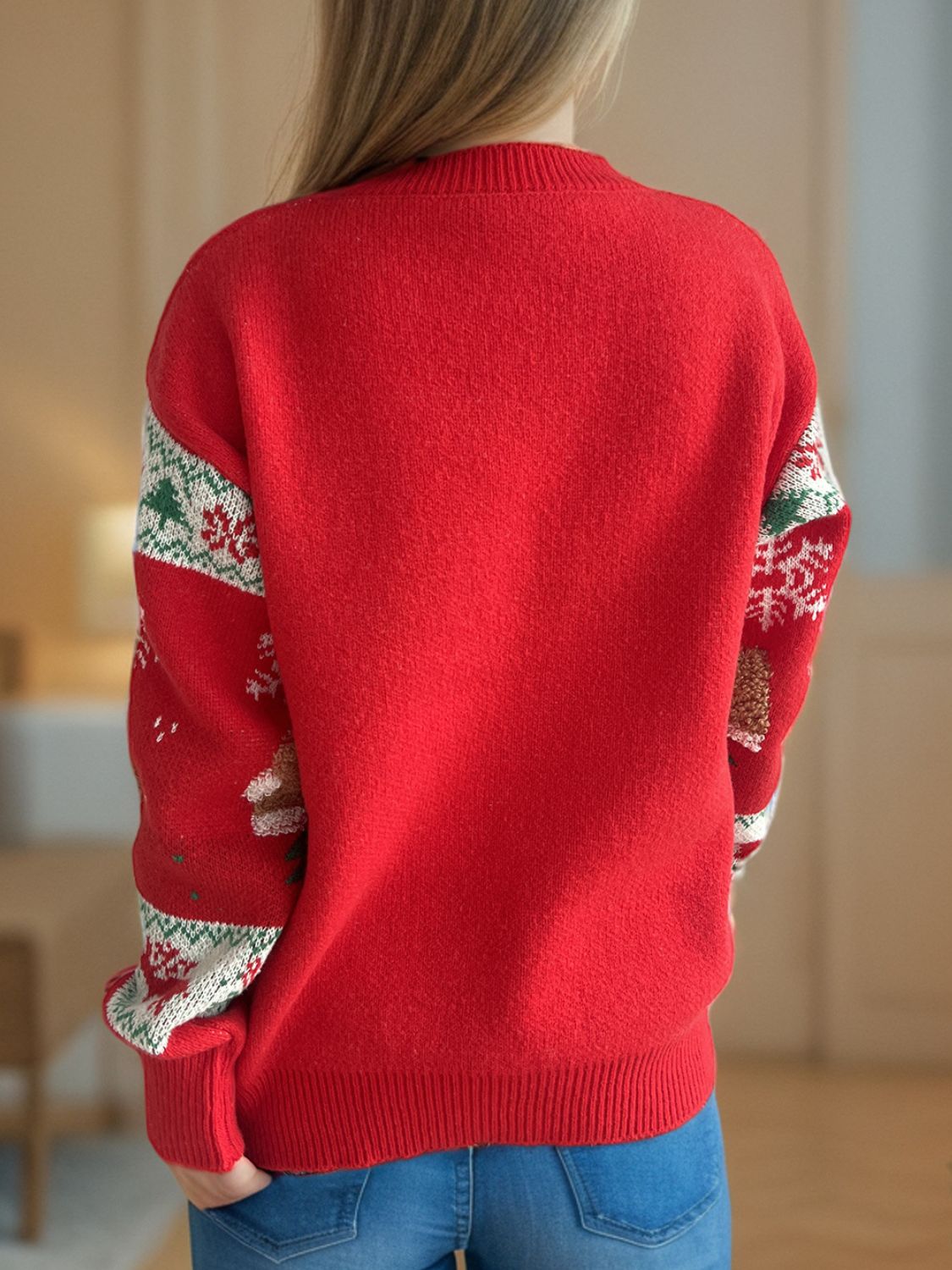 Women's Red Christmas Sweater with Festive Pattern Round Neck - Image 2