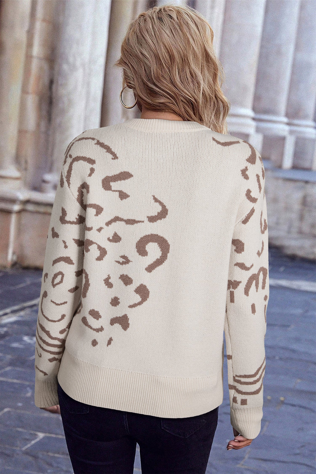 Camel Asymmetric Leopard Print Drop Shoulder Sweater