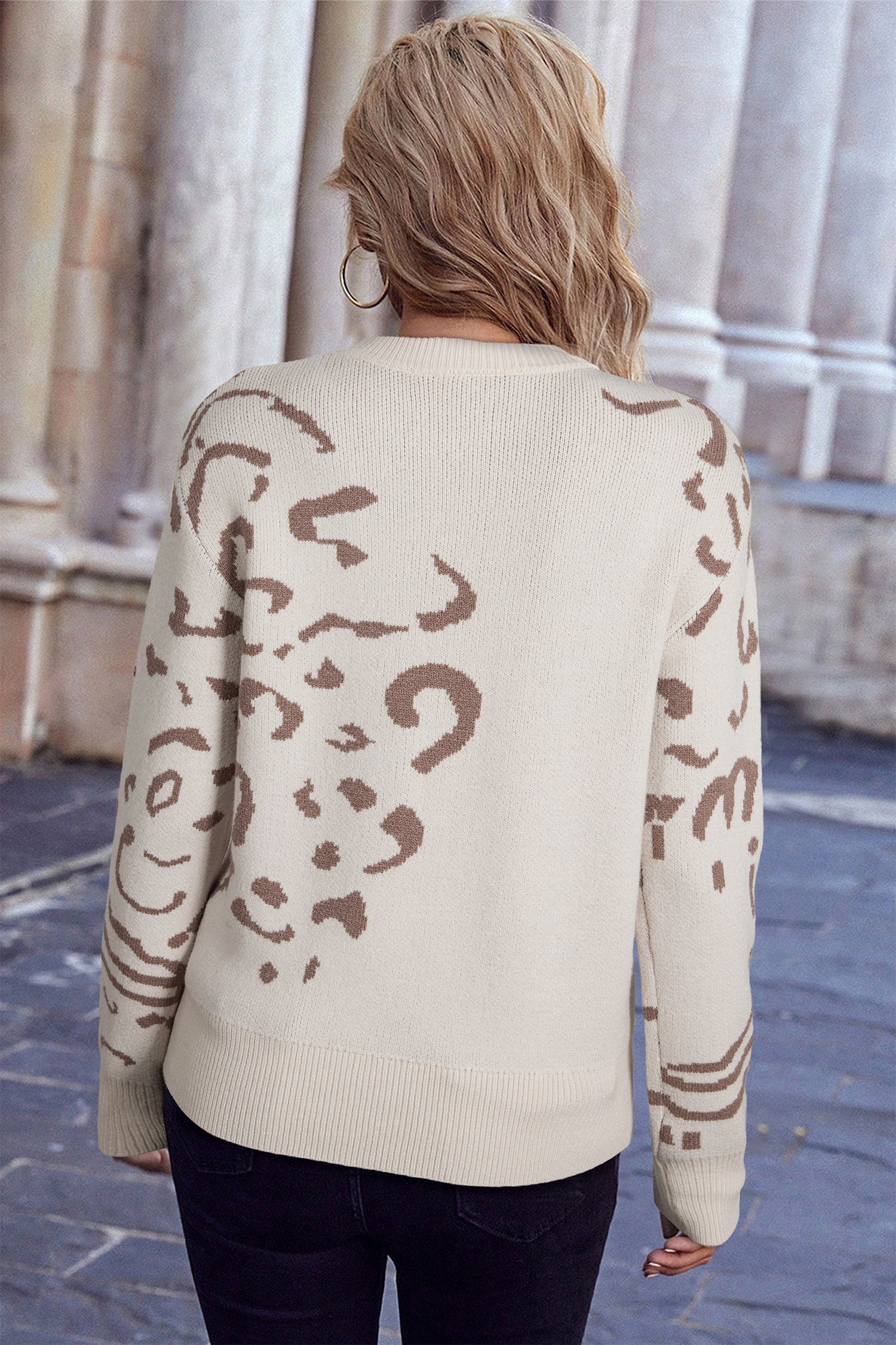Camel Asymmetric Leopard Print Drop Shoulder Sweater