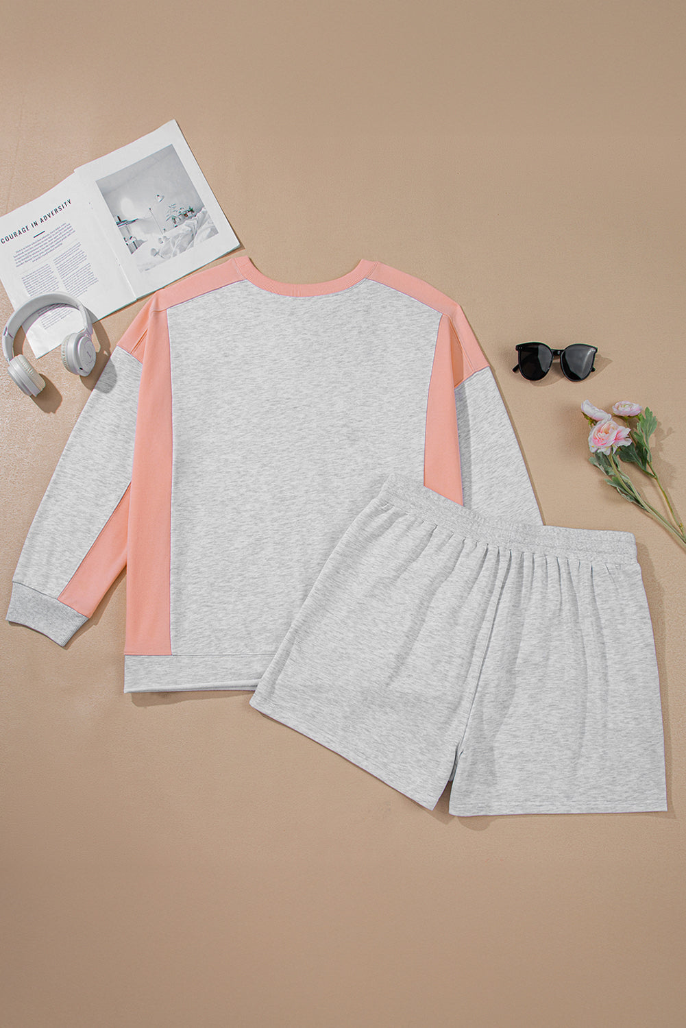 Light Grey Colorblock Patchwork Pullover Shorts 2pc Set
