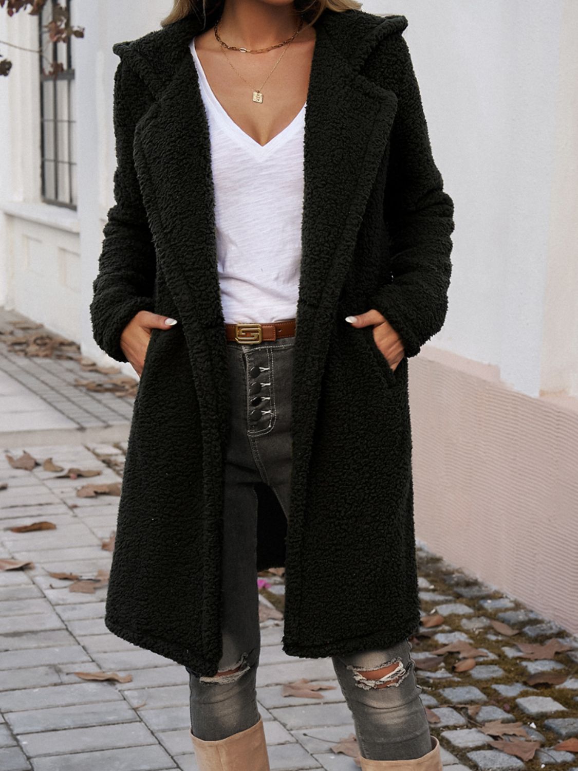 Women's Long Sleeve Hooded Teddy Coat with Button Closure - Image 7