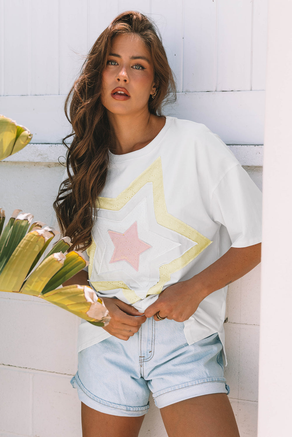 White Layered Star Patched Half Sleeve Loose Fit Cotton Tee