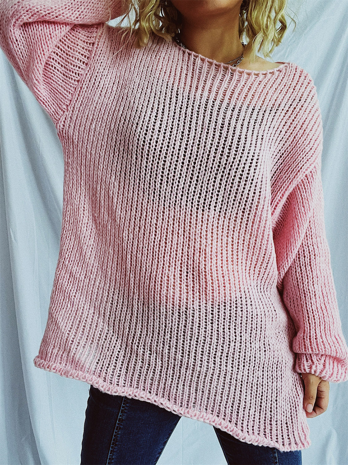 Women's White Boat Neck Dropped Shoulder Loose Knit Sweater - Image 7