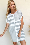 Casual gray striped mini tee dress with a round neckline and short sleeves.