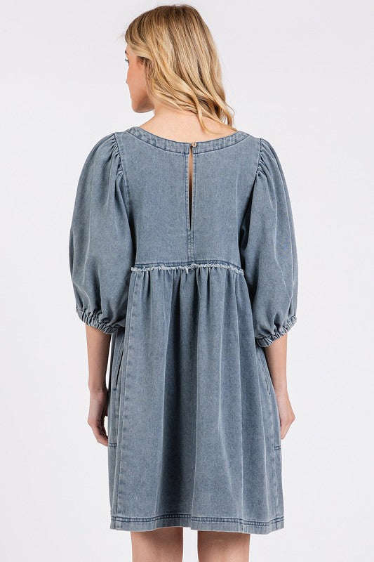 Washed Denim Dress with Puff Sleeves and Round Neck