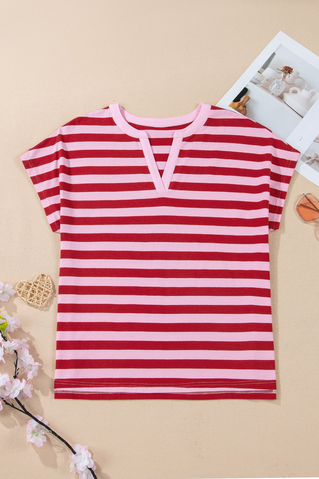 Stripe Split V-Neck Casual T-Shirt