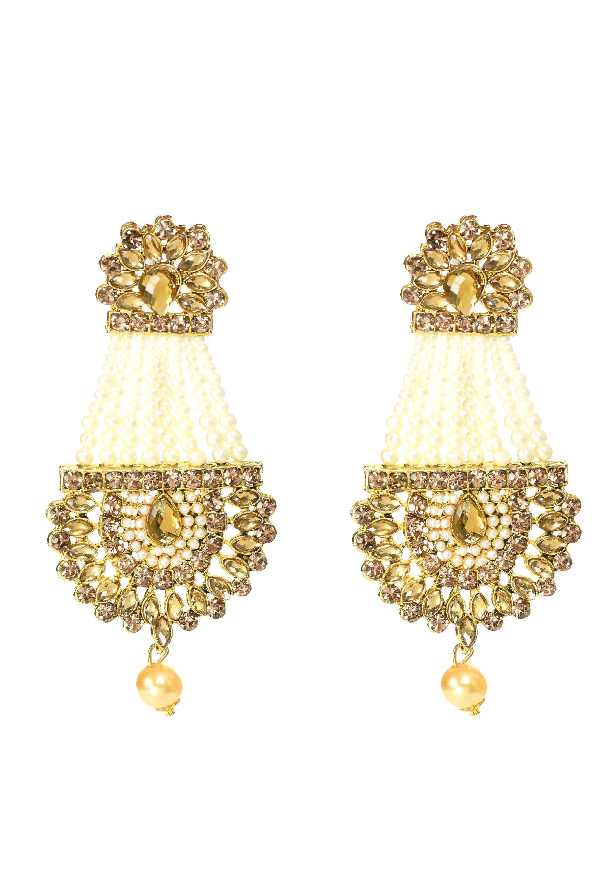 Traditional Johar Kamal earrings featuring Kundan stones and delicate pearl drops.