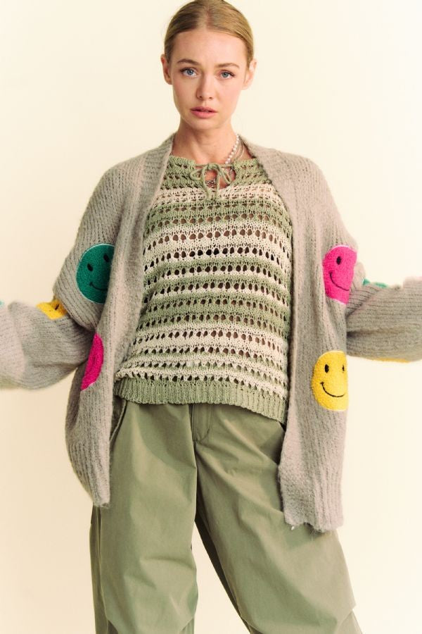 Back To School Sweater - Davi & Dani Fuzzy Smile Open Front Long Sleeve Cardigan