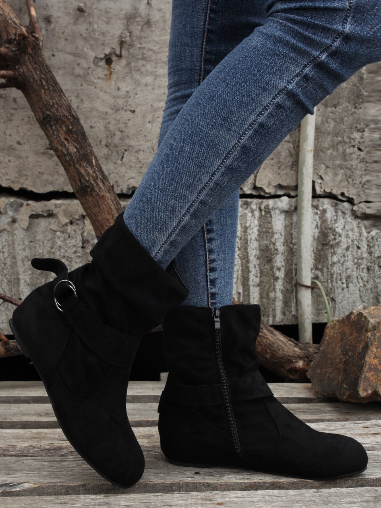 Women's Ankle Boots with Buckle Belt & Side Zip