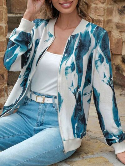 Lightweight Printed Zip-Up Track Jacket with Classic Baseball Collar