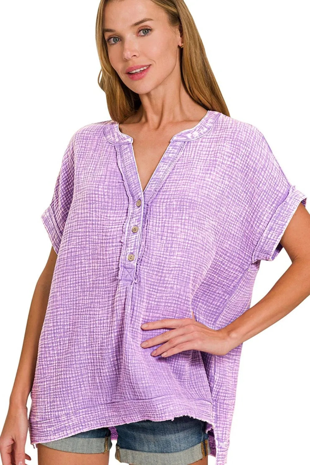 Zenana Washed Double Gauze Lavender Henley 3/4 Sleeve Shirt