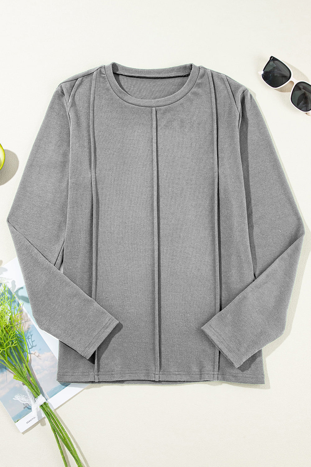 Solid Reverse Seam Crew Neck Long Sleeve Top