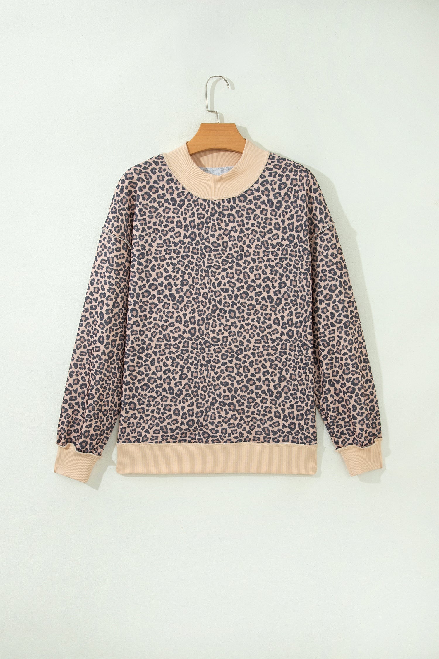 Leopard Ribbed Trim High Neck Long Sleeve Sweatshirt