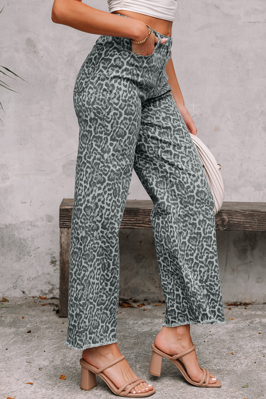 Gray Leopard Frayed Edge Wide Leg High Waist Jeans