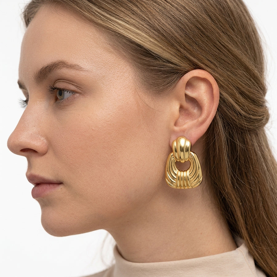 Gold Tone Stainless Steel Ribbed Textured Hollow Square Jewelry Set 2Pcs Women Pendant Necklace Drop Earrings Retro Geometric Statement Metal Jewelry Dropshipping Gift