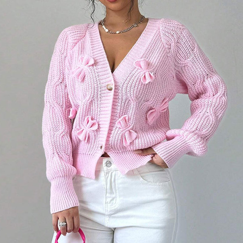 Women's Pink Bow Detail Cropped V-Neck Knit Cardigan - Image 4