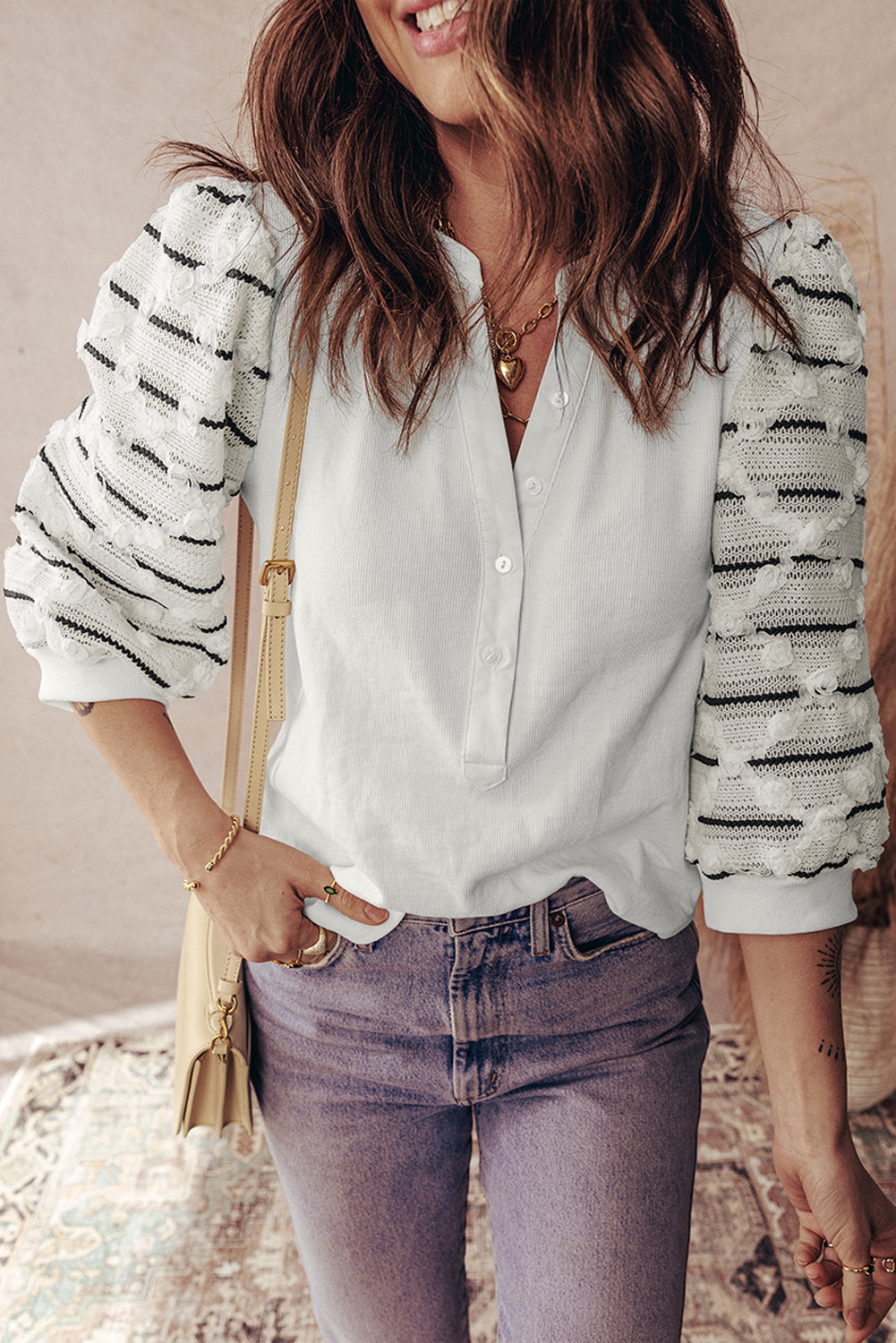 White Patchwork Rib Knit Top with Striped 3/4 Sleeves - Image 4