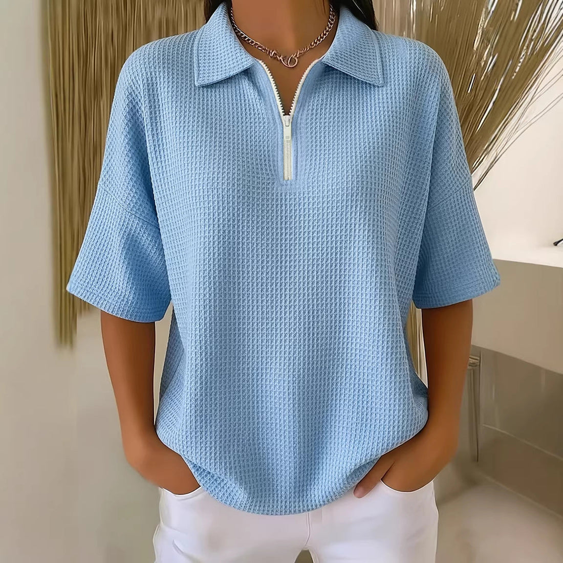 Drop Shoulder Half-Zip Waffle Knit Top with 3/4 Sleeves