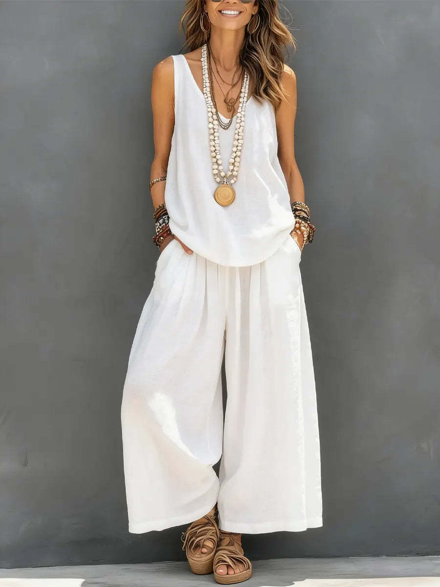 Women's Cotton Linen Sleeveless Tank Top and Wide-Leg Pants Set - Image 10