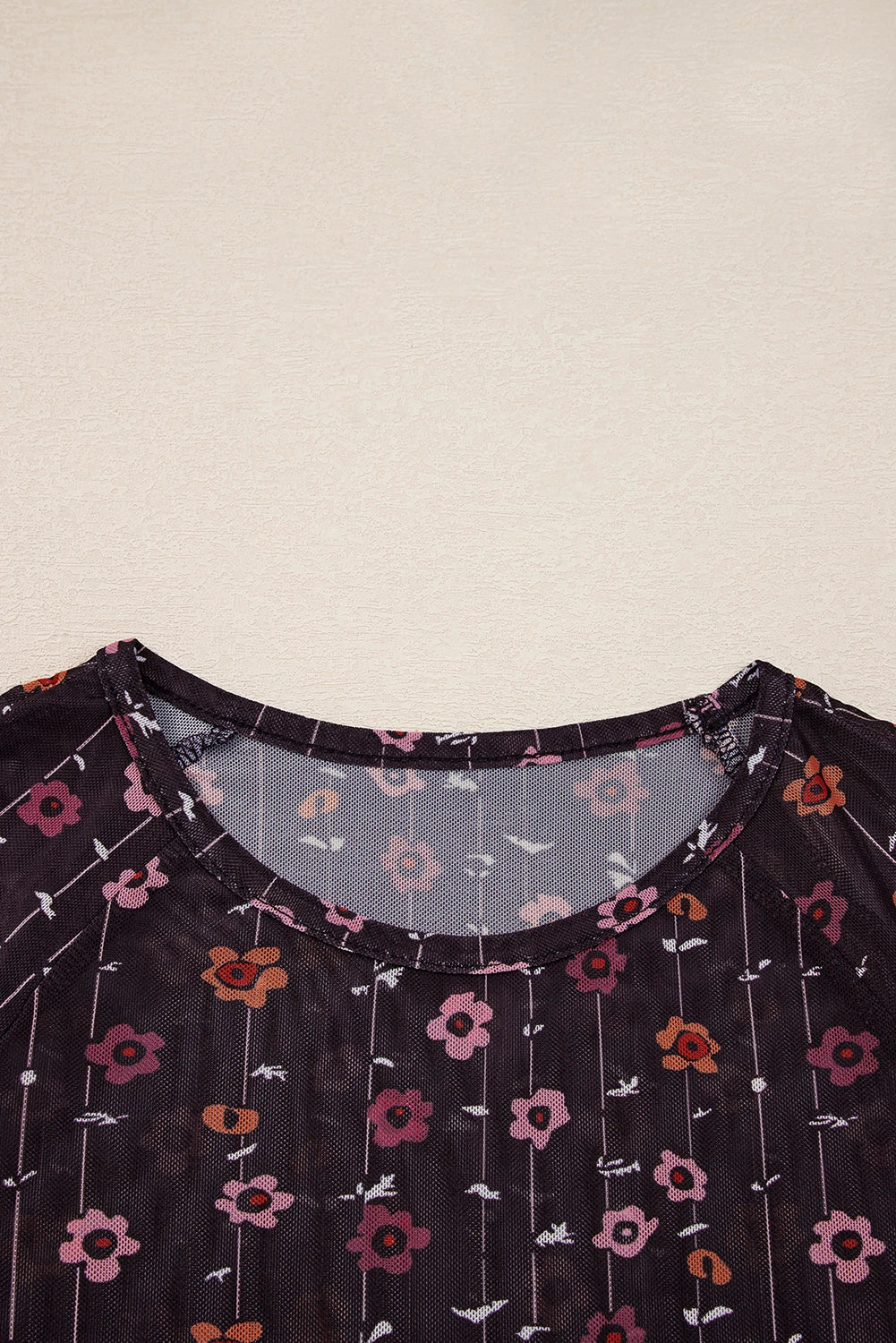 Black Floral Mesh Bodysuit with Smocked Cuffs