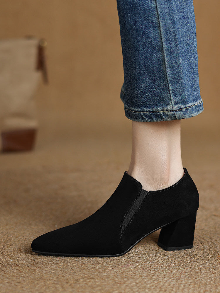 Women's Dark Brown Suede Pointed Toe Chunky Low Heel Pumps - Image 3