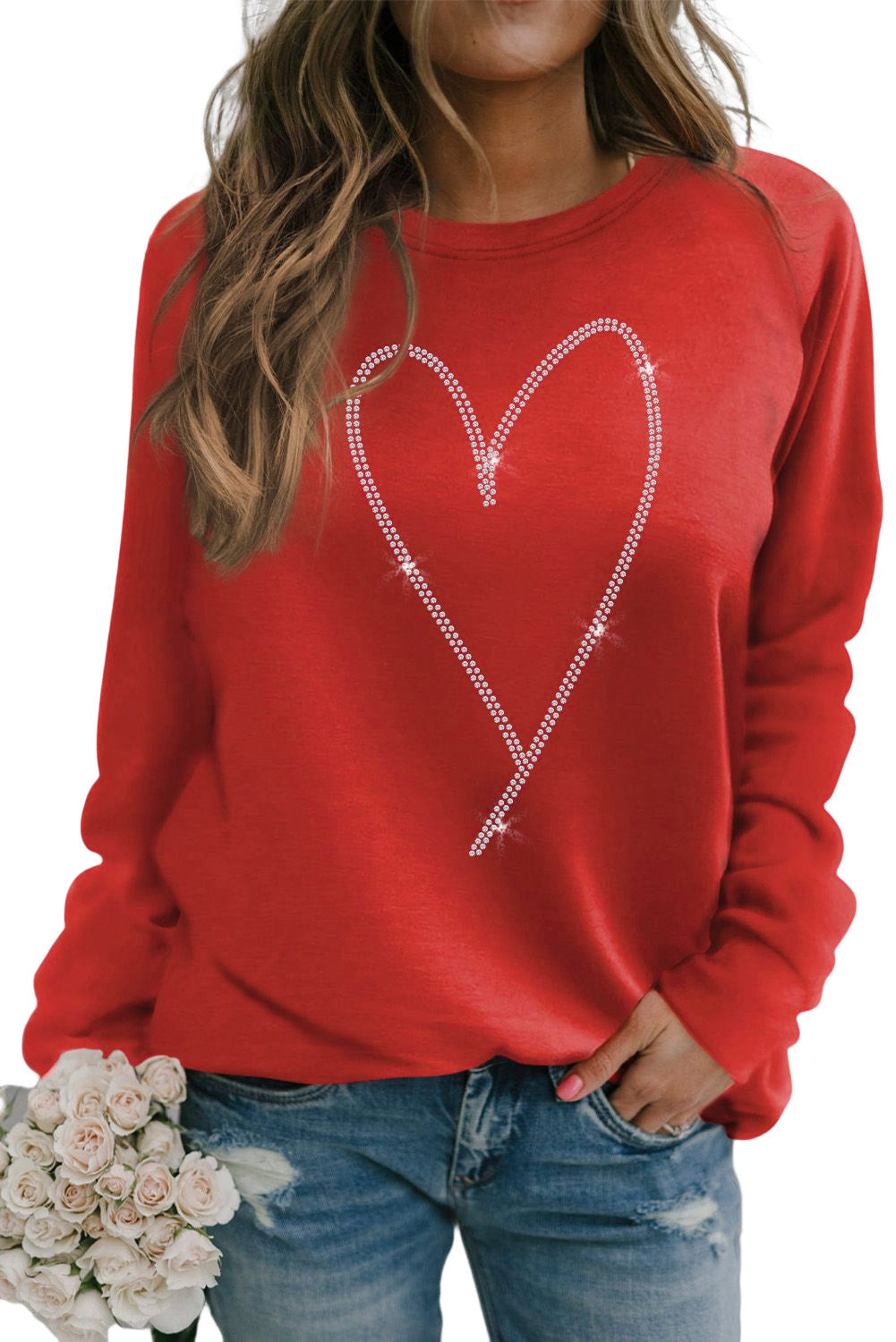 Red Rhinestone Heart Graphic Polyester Sweatshirt