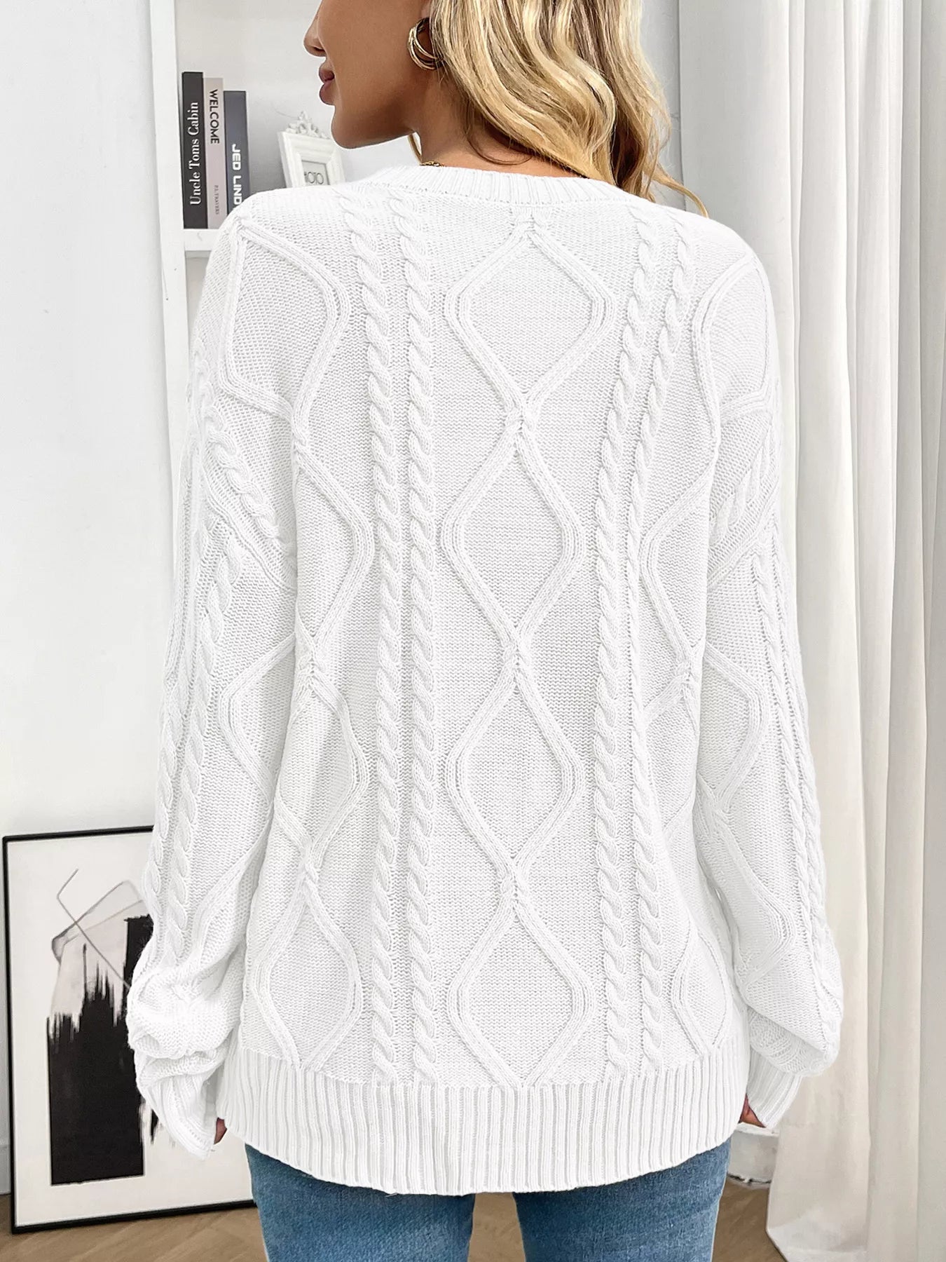 Lavender Cable Knit Round Neck Long Sleeve Sweater - Image 14