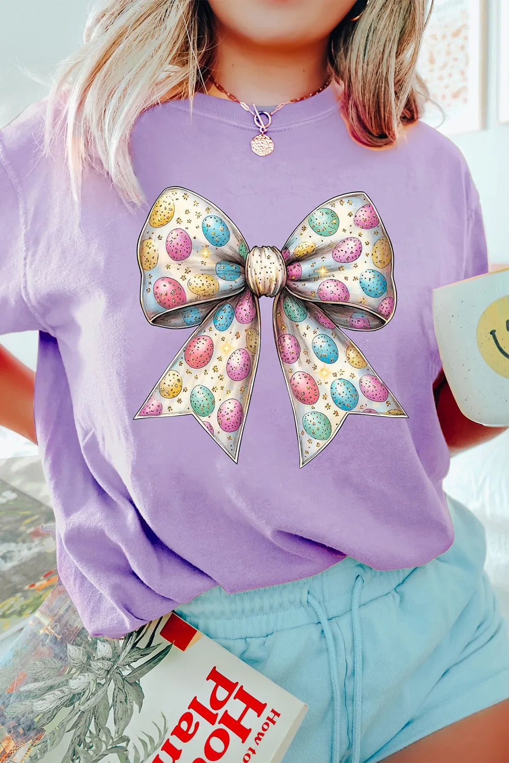 Lavender Bow Graphic Crew Neck Relaxed Fit T-Shirt