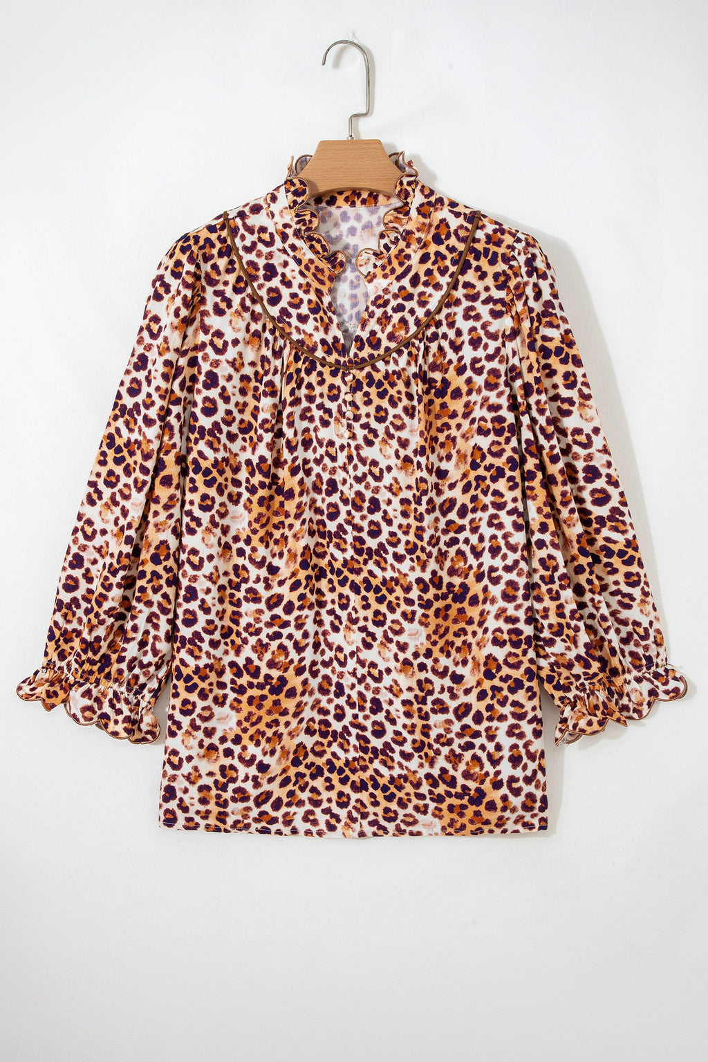 Plus Size Leopard Frilled Stand Neck Blouse