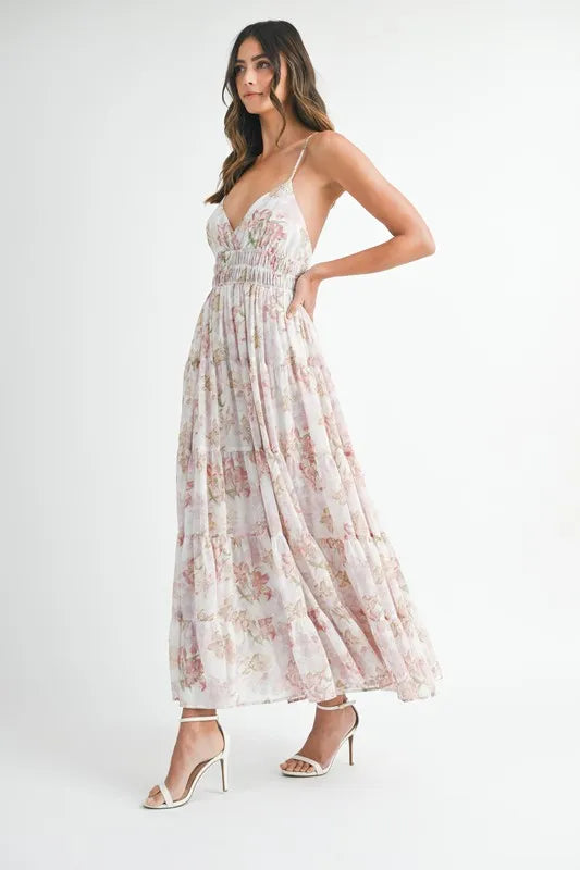 Floral Print Tiered Cami Maxi Summer Dress in White or Pink