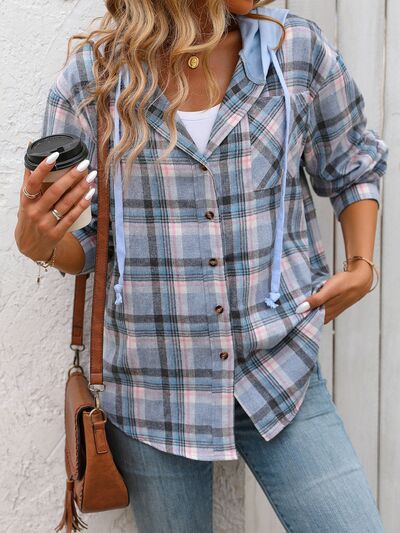 Women's Plaid Button-Down Hooded Jacket Cotton-Blend Shacket