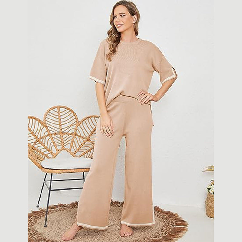Women's Knit Three-Quarter Sleeve Pullover and Wide Leg Pants Set