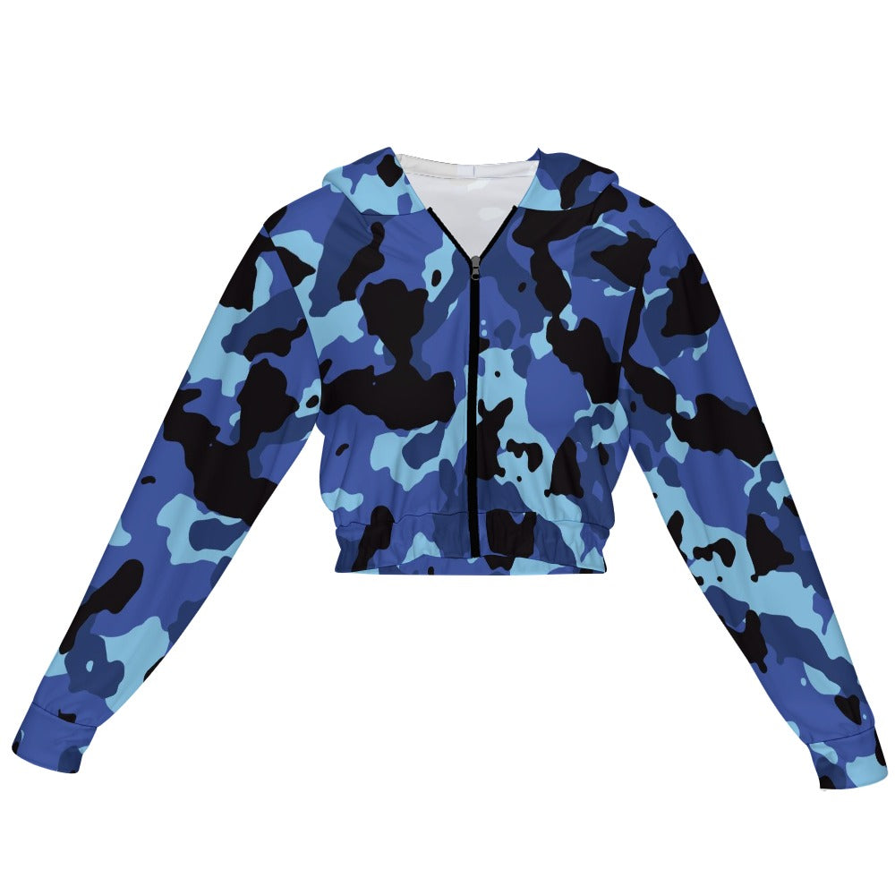 Women's Blue Camo Cropped Zip-Up Hooded Jacket - Image 2