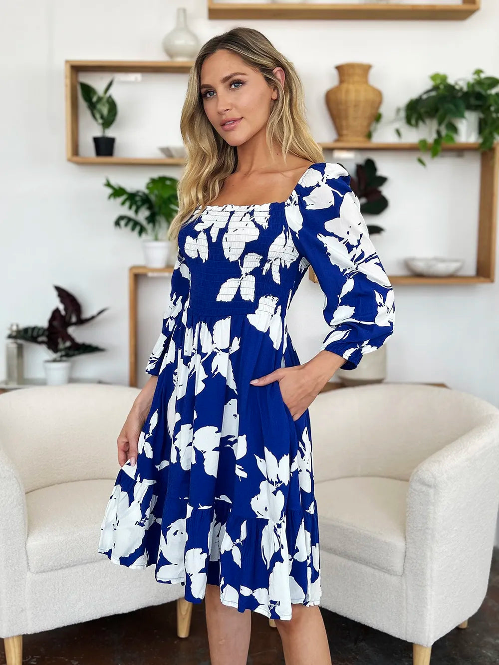 Floral Ruffle Hem Smocked Midi Dress with Pockets