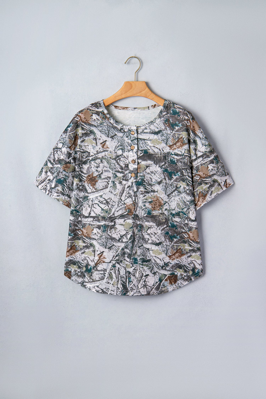 Woodland Camo Henley Tunic T-Shirt, Relaxed Fit Short Sleeve Top