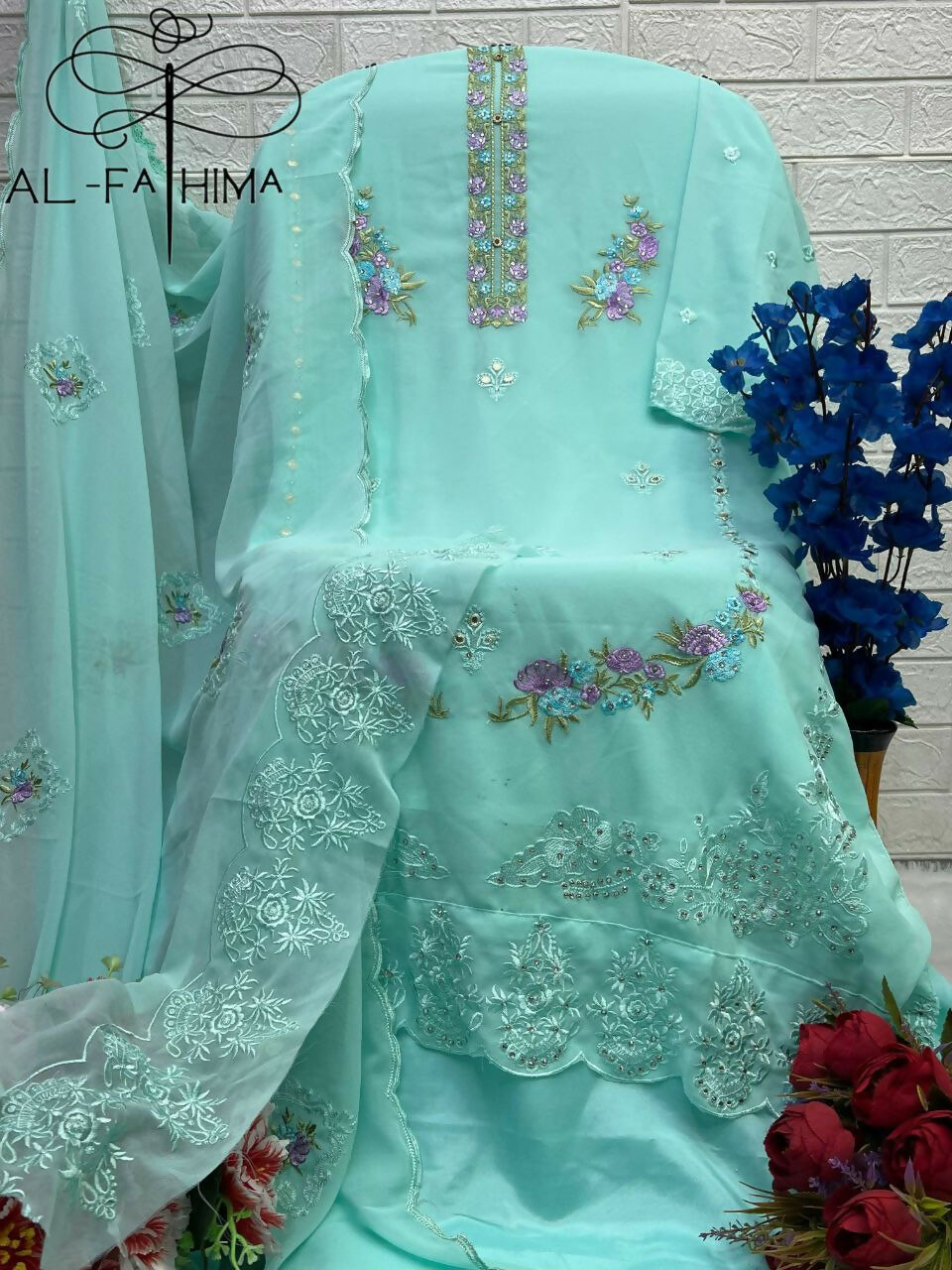 Turquoise Faux Georgette Embroidered Kurta Set with Moti Work