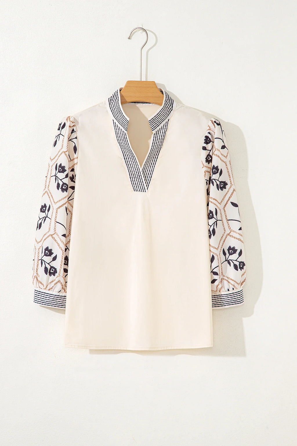 Women's Floral Puff Sleeve Blouse - Contrast V-Neck