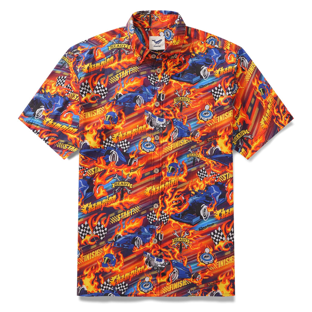 Men's short sleeve retro racing-core cotton shirt in orange, blue, red, and yellow with F1 car graphic.