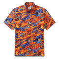 Men's short sleeve retro racing-core cotton shirt in orange, blue, red, and yellow with F1 car graphic.