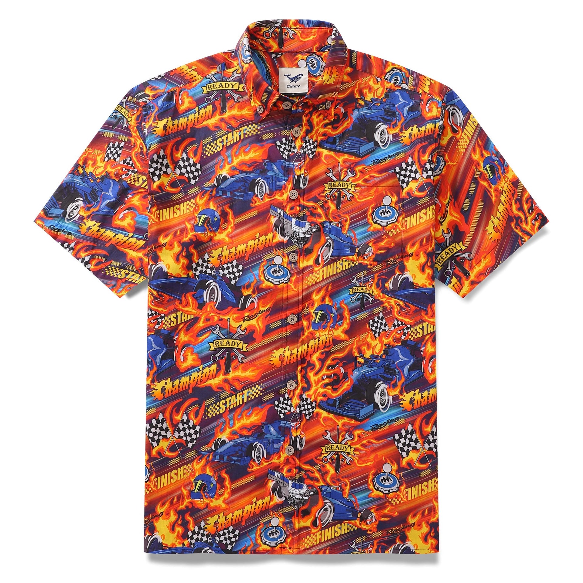Men's short sleeve retro racing-core cotton shirt in orange, blue, red, and yellow with F1 car graphic.